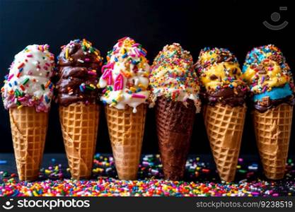 waffle horn with colorful ice cream cones with different flavors fruit and chocolate with confetti generative ai.