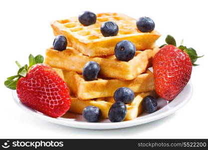 waffles with strawberry and blueberry on white background