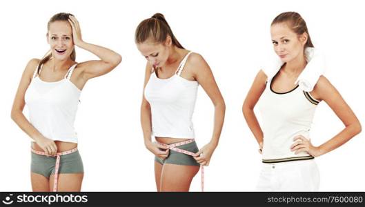 Waist measurement concept, sporty woman with measure tape, weight loss dieting, isolated on white background. Waist measurement concept