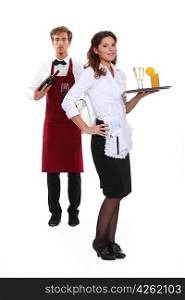 Waiter and waitress starting shift