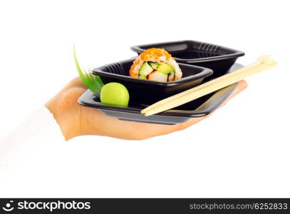 Waiter&rsquo;s hand isolated on white background with a tray of designed Japanese roll