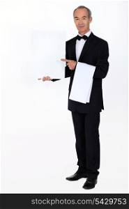 Waiter with a blank menu