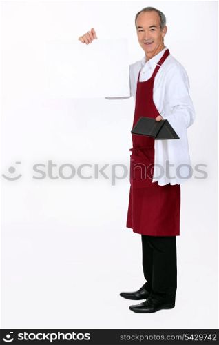 Waiter with a board left blank for your message