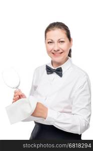 waiter with a clean glass of wine smiling on a white background