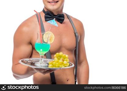 waiter with a naked torso holding a cocktail on a tray decorated beautifully