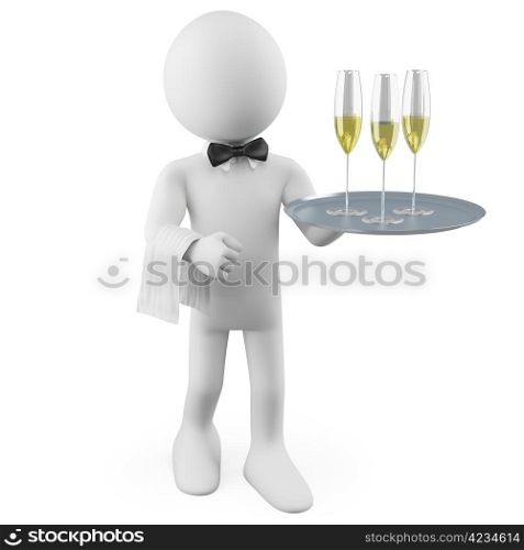 Waiter with a tray with three glasses of champagne. Rendered at high resolution on a white background with diffuse shadows.