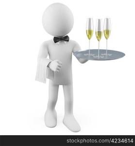Waiter with a tray with three glasses of champagne. Rendered at high resolution on a white background with diffuse shadows.