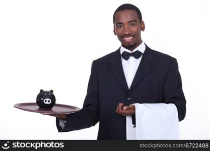 Waiter with piggy bank