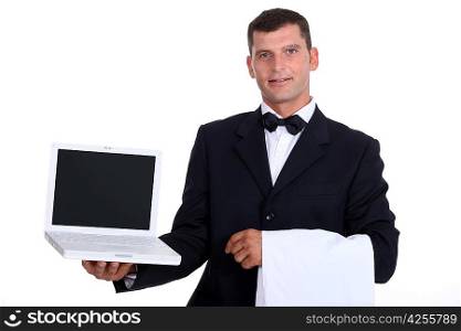 Waitor holding laptop
