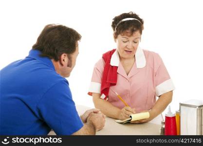 Waitress at a diner taking a customer&rsquo;s lunch order. White background