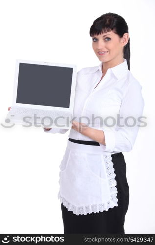 Waitress holding a laptop