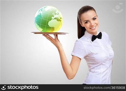 Waitress holding a tray with a symbol of green environment