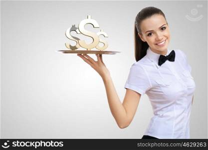 Waitress holding a tray with money on it
