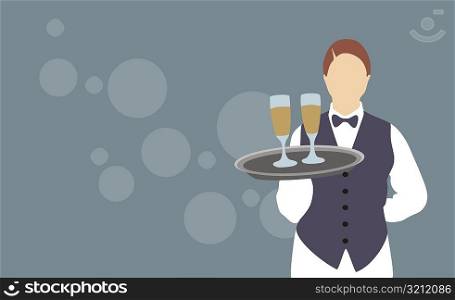 Waitress holding a tray with two champagne flutes