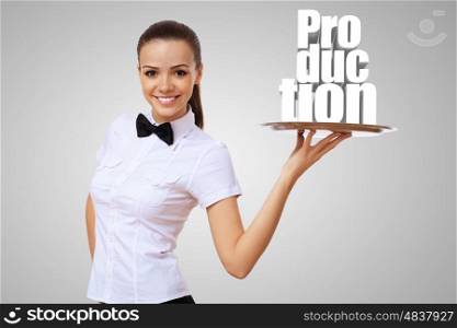 Waitress holding a tray with word production on it
