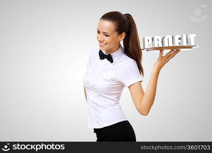 Waitress holding a tray with word profit on it