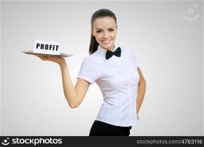 Waitress holding a tray with word profit on it