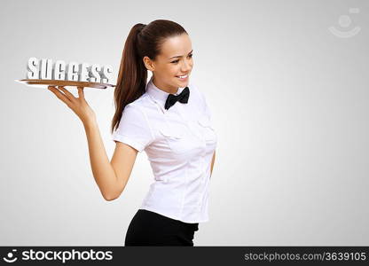 Waitress holding a tray with word success on it