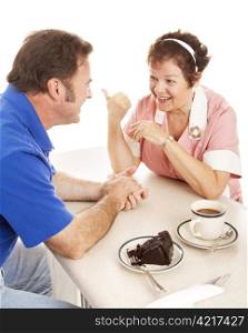 Waitress in a diner chats with a customer over coffee and cake. White background.