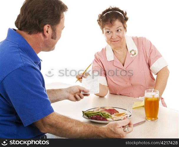Waitress in a diner hands her customer a bill. White background.