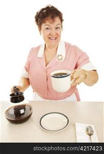 Waitress in a diner offering a cup of coffee ro you. Isolated on white.