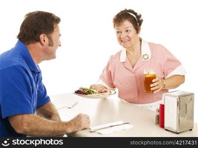 Waitress in a diner serving a turkey dinner to her customer. White background.
