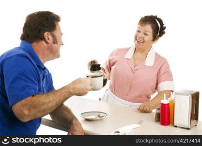 Waitress in diner chats with customer and refills his coffee cup. Isolated on white.
