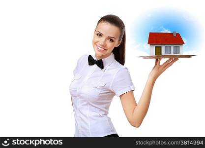 Waitress in white shirt with a tray and house on it