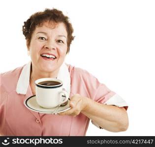 Waitress inhaling the aroma from a delicious cup of hot coffee. Isolated on white with copyspace.