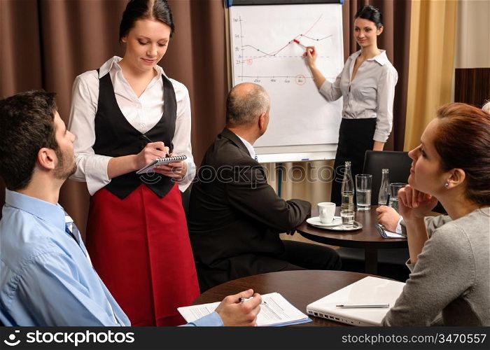 Waitress take order people at business meeting flipchart presentation