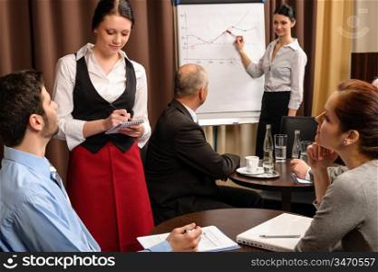 Waitress take order people at business meeting flipchart presentation