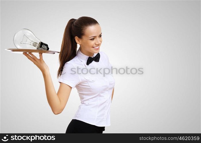 Waitress with a bulb on th etray as symbol of safe energy