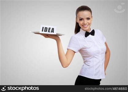 Waitress with a tray with creativity symbol on it