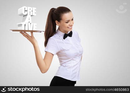 Waitress with a tray with creativity symbol on it