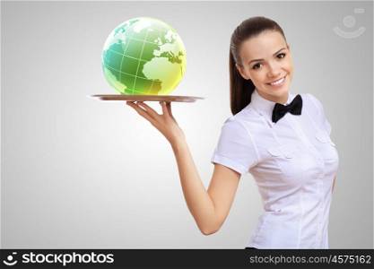 Waitress with a tray with green symbol on it. Waitress holding a tray with a symbol of green environment