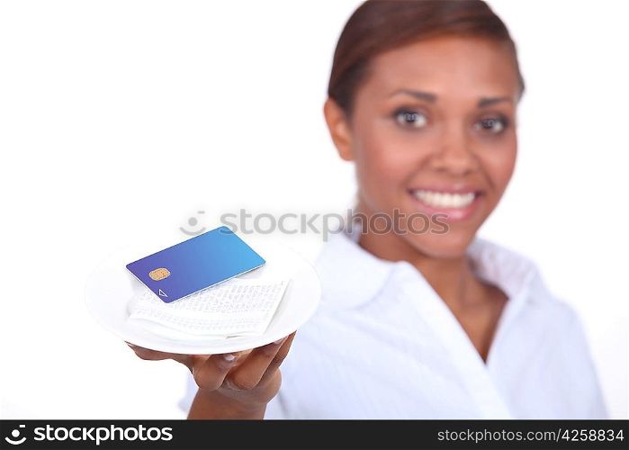 Waitress with the bill and a credit card