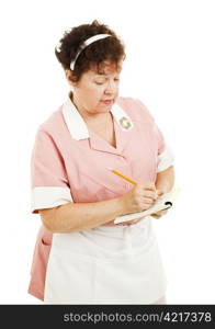 Waitress writing down an order on her pad. Isolated on white.