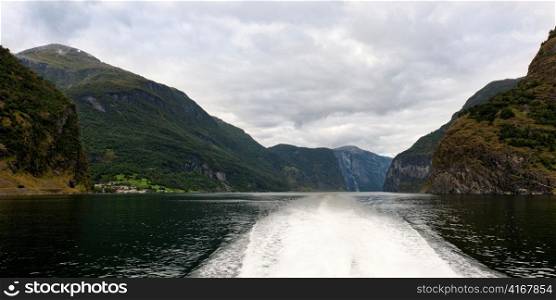 Wake in a Fjord made from a moving boat, Balestrand, Sognefjord, Norway