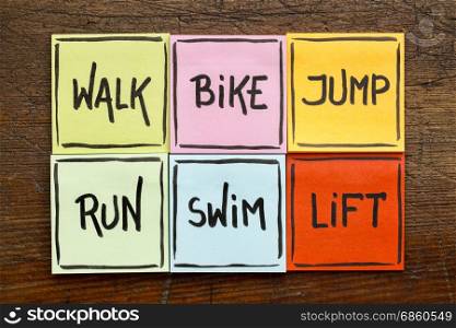 walk, bike, jump, run, swim, life - fitness or cross training concept - handwriting on sticky notes against rustic wood