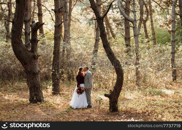 walk of the bride and groom through the autumn forest in October