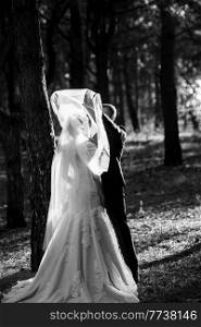 walk of the bride and groom through the autumn forest in October