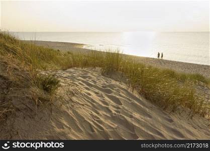 walk on the evening sea, sand dunes and sea sunset. sand dunes and sea sunset, walk on the evening sea