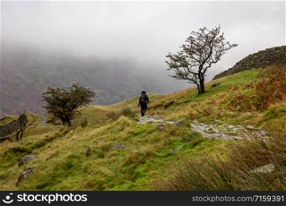 Walker in the Lake District landscape in autumnal fog