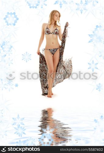 walking bikini blonde girl with sarong on white sand