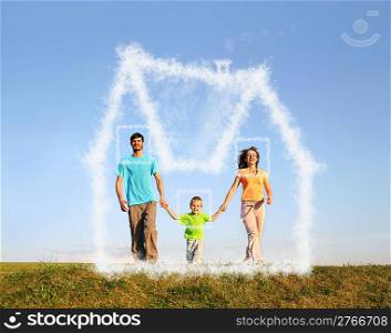walking family with boy and dream cloud house collage