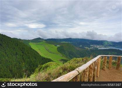 Walking path leading to a view on the lakes of Sete Cidades, Azores, Portugal