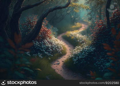 Walking path through the lush green forest. distinct generative AI image.. Walking path through the lush green forest