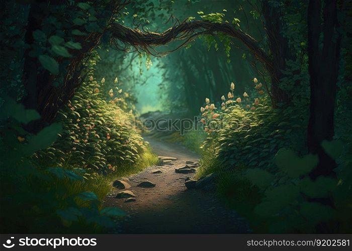 Walking path through the lush green forest. distinct generative AI image.. Walking path through the lush green forest