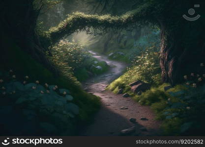 Walking path through the lush green forest. distinct generative AI image.. Walking path through the lush green forest