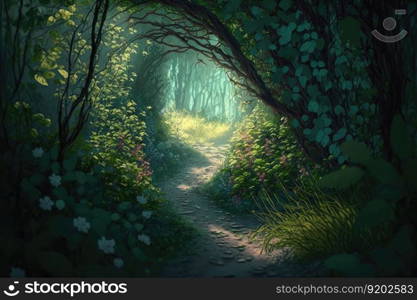 Walking path through the lush green forest. distinct generative AI image.. Walking path through the lush green forest